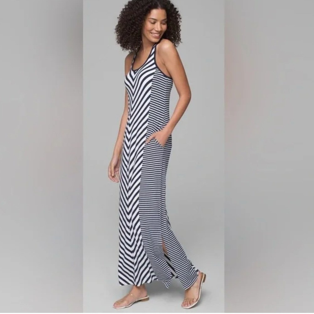 SOMA Striped‎ Racer Back Maxi Bra Dress Capri Stripe Grand Navy SZ L Resortwear